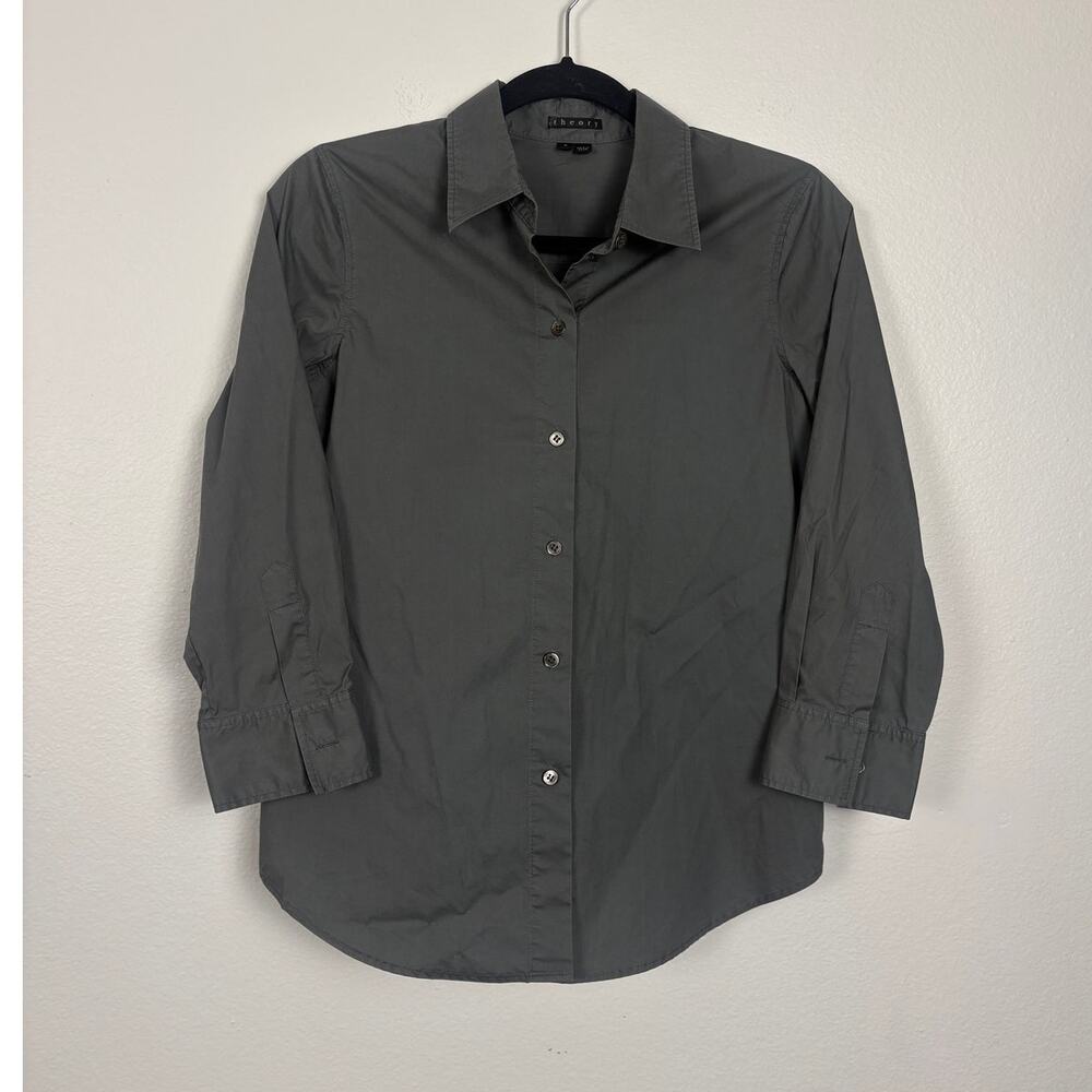 Theory Button Down Career Collared Dark Olive Green Grey Shirt Small